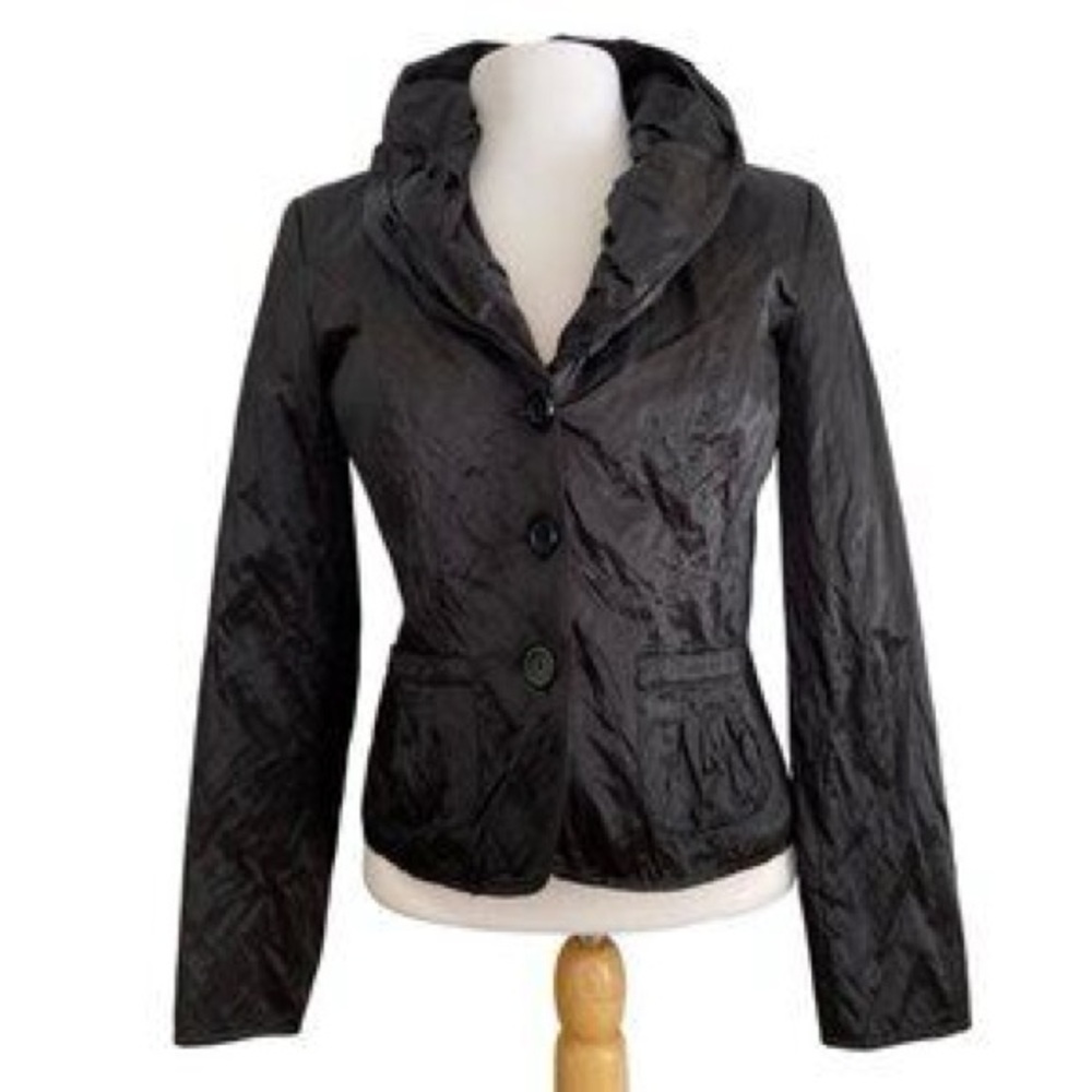Joseph Ribkoff 23” PTP Women's Quilted Ruffled Button Up Jacket, Black, Size 20.